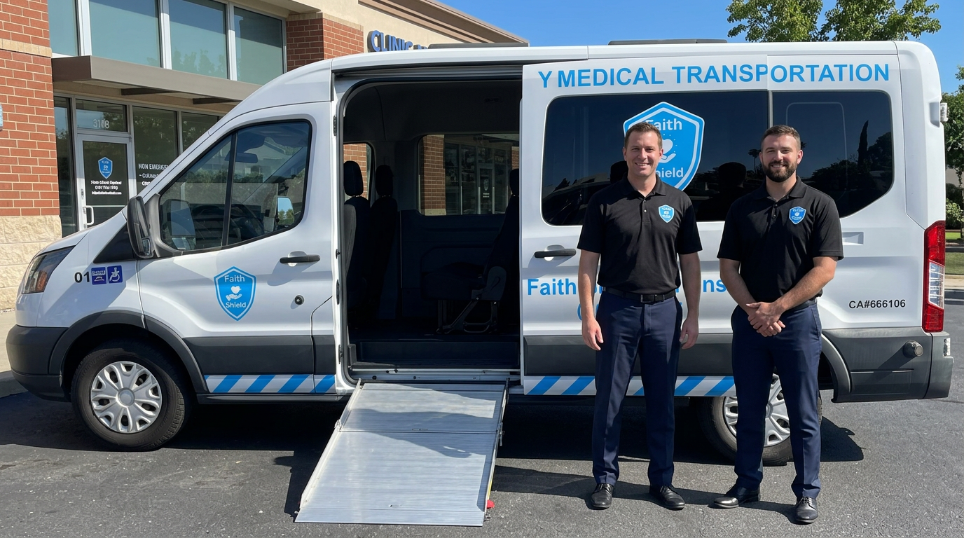 Two Faith Shield attendants standing beside the branded wheelchair-accessible van with its ramp lowered